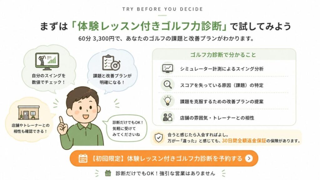 まずはライザップゴルフの体験レッスン付きゴルフ力診断で試してみよう